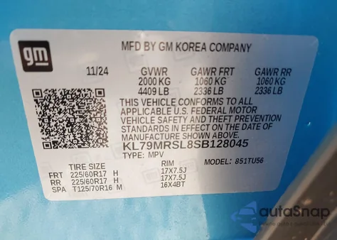 2025 Chevrolet Trailblazer Awd Lt from USA, damaged, VIN KL79MRSL8SB128045